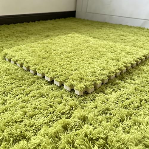 12pcs Carpet Squares Puzzle Floor Mat, Plush Interlocking Carpet Tiles, Anti Slip EVA Foam Jigsaw Floor Tiles, Build A Safe Area for Bedroom Playroom (Fluffy Green) - color: Long Plush-green