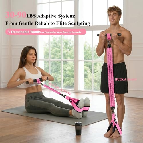 3-Tube Pedal Resistance Band w/Handles, 30/40LBS Sit Workout Gear | Home pedal puller for abs waist leg glutes core pilates training, portable gear for men women daily exercise - color: pink, size: 30lbs