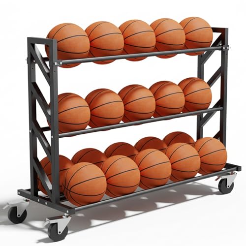 Basketball Racks for Balls, Heavy Duty Ball Cart with Wheels, Basketball Storage 3-Tier 20-Ball Heavy Duty Ball Cart for Gym Garage,Drop Pin for Shooters Preference