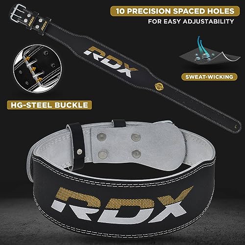 RDX Weight Lifting Belt Gym Fitness, Cowhide Leather, 4” 6” Padded Lumbar Back Support, 10 Adjustable Holes, Weightlifting Powerlifting Bodybuilding Deadlift Squat Workout Strength Training, Men Women - color: Black Gold 4 Inch, size: XL Fits 32 to 37 Inc