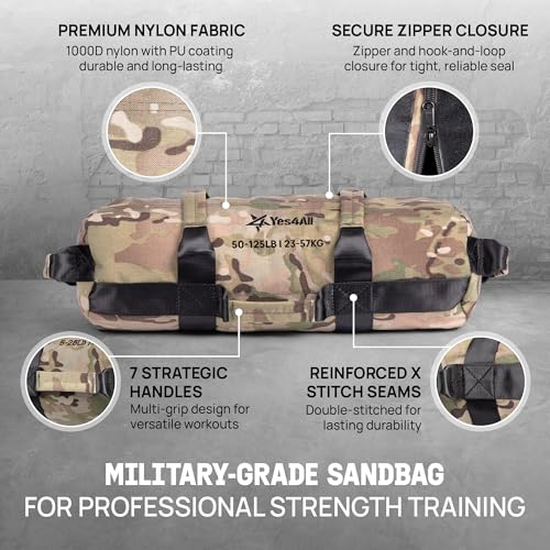 Yes4All Sandbags for Working Out, Adjustable Sand Bags for Weight Training with Handles, Multiple Colors & Sizes 5-200lbs - color: K. Camouflage - L (50 -125 Lbs)