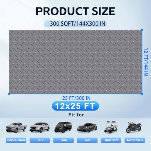 StellarStar 12x25 FT Garage Floor Mat, 2.8mm Thickened PVC Flooring Roll for Under Car, 300 SQFT Diamond Plate Gray Garage Mats for Garage, Warehouse, Basement, Factory, Trailer (Include Tapes) - color: Gray, size: 12x25 FT