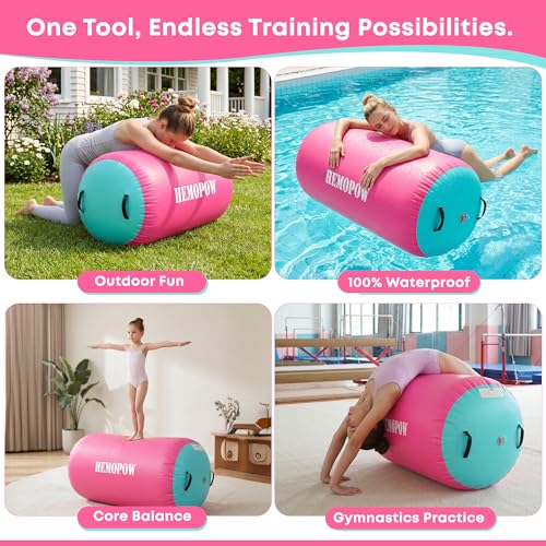 Inflatable Gymnastics Air Barrel Roller with Electric Pump, Heavy Duty PVC Tumbling Barrel Back Handspring Trainer, Air Tumble Track Mat for Home Gym, Cheerleading, Yoga Practice - color: Pink & Green, size: 3.3'L x 2'D