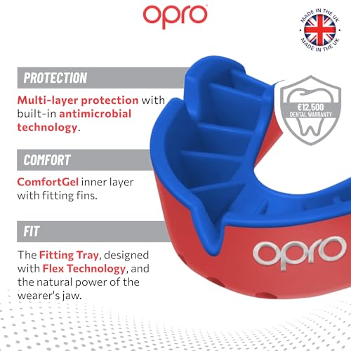 OPRO Silver Level Moldable Mouth Guard Essential Fit (Red/Dark Blue) Adult & Kids Boxing Mouthguard for MMA & Impact Sports, Self-Fit Mouth Guard for Sports, Football & Hockey - Includes Case - color: Red/Dark Blue, size: Adult (Age 10+)
