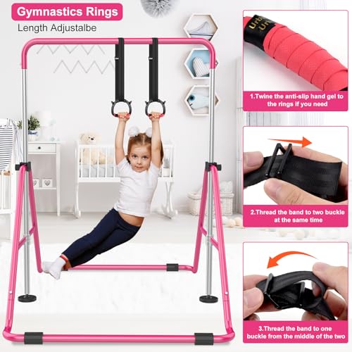 RINREA Gymnastic Bars for Kids, Adjustable Height Horizontal Bar for Home | 5-Height 35"-51", Foldable & Space-saving, Indoor Outdoor Training Kip Bar, with Gymnastics Rings & Gymnastics Pad - color: Pink