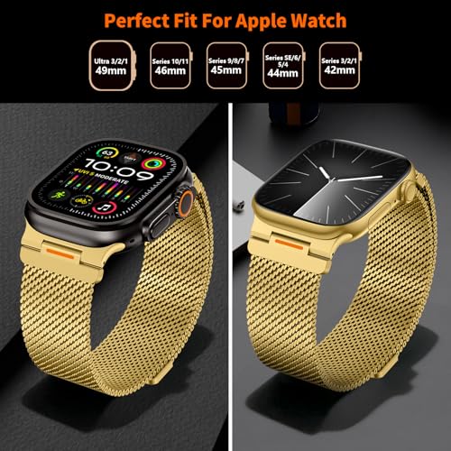 Milanese Loop Compatible with Apple Watch Ultra 3/2/1 Band 49mm 46mm 45mm 44mm 42mm, Magnetic Stainless Steel Strap Bands for iWatch Ultra SE 3/2/1 Series 11 10 9 8 7 6 5 4 3 2 1 Men, Gold - color: Gold