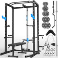 ULTRA FUEGO Power Cage, Multi-Functional Power Rack with J-Hooks, Dip Handles, Landmine Attachment and Optional Cable Pulley System for Home Gym - size: 240LB Weights Package+Flat Bench