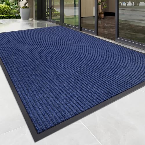 100pointONE Front Door Mat, Heavy Duty Indoor Outdoor Doormat, 48" x 24" Low Profile Outdoor Mats for Home Entrance, Stain and Fade Resistant Shoe Scraper Mat, Ideal for High Traffic Area, Blue - color: Blue Striped, size: 2' x 4' (Rectangular)