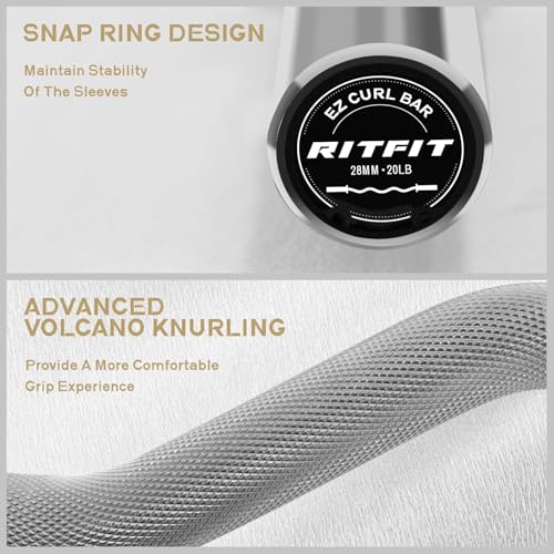 RitFit 2 Inch EZ Curl Bar with Weights, 350LBS Weight Capacity Olympic Curl Barbell for Bicep, Tricep and Weight Lifting Exercises - style: Silver(with 85LB Weights and Collar)