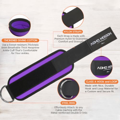 AOHO MOOON Ankle Strap (2 Pieces) for Cable Machine Women - Gym Workout Leg Strap, Premium Padding Ankle Cuffs, Glute Kickback Exercises Equipment, Pulley Attachment, One Size Fit All - color: Purple