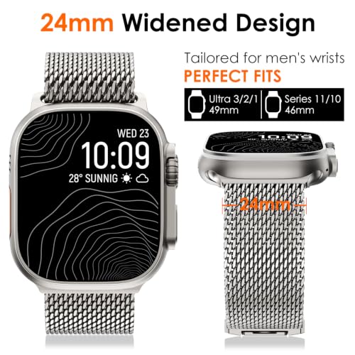 WINGLE Milanese Loop for Apple Watch Band Ultra 3/2/1 Band Ultra 49mm Series 11 10 46mm 45mm 44mm SE 3/2/1 Series 9 8 7 6 5 4 3 Men Women,Parachute-Style Buckle Stainless Steel Mesh Metal iWatch Bands - color: Natural