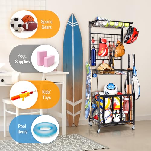 PLKOW Sports Equipment Storage for Garage, Indoor/Outdoor Sports Rack for Garage, Ball Storage Garage Organizer with Basket and Hooks,Toy/Sports Gear Storage - color: Black, 21.3"L x 15.8"W x 59"H