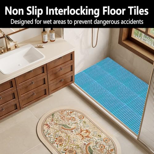 30 Pack Garage Floor Tiles, 12x12 Inch Interlocking Drainage Tiles Non-Slip Deck Tile with Holes for Bathroom, Pool Deck, Gym, Garage, Kitchen & Wet Areas, Easy Splicing Anti-Fatigue Mat (30, Blue) - color: Blue