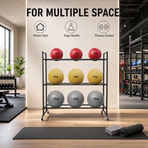 3 Tier Medicine Ball Rack with Wheels, Rolling Weight Ball Storage Stand for Home Gym with 20 lbs Capacity Per Shelf, Heavy Duty Fitness Holder for Slam Balls Wall Balls Exercise Balls, Indoor/Outdoor