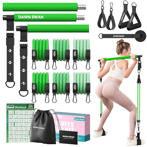 Pilates Bar Kit with Resistance Bands – Adjustable Home Gym Workout Equipment for Women & Men – Portable Pilates Equipment for Squats, Yoga & Full Body Toning - color: Green