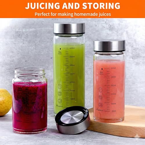 Glass Juice Bottles 6 Pack 10 oz - Wide Mouth Glass Water Bottles with Lids - for Juicing, Protein, Smoothie, Milk, Reusable, BPA Free, Stainless Steel Lids, Blender, Shaker Bottle (300ml) - color: 6-Pack (ml), size: 10oz/300ml