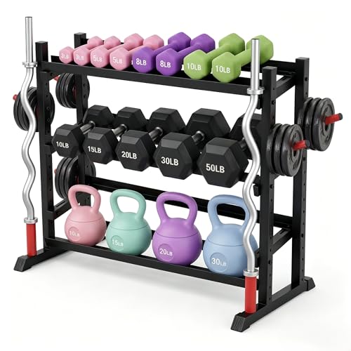 3-Tiers Dumbbell Rack, 1300LB Capacity Adjustable Weight Rack for Home Gym, H-Frame & Trapezoidal-Frame Weight Stand for Dumbells, Kettlebells, Barbells, Weight Plates - size: 48.39 x 18.7 x 36.54 Inch