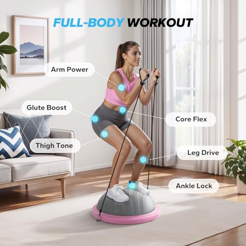 MERACH Balance Ball Trainer, 18 Inch Half Exercise Ball with Resistance Bands and Foot Pump, Half Yoga Ball for Core Strength Training, 450lb Capacity - color: Pink