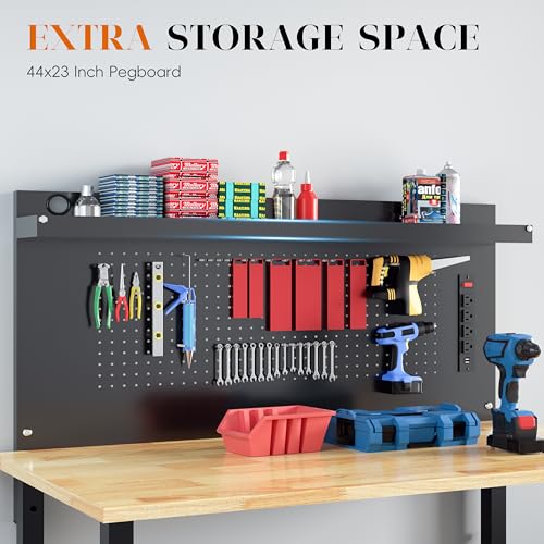 60" Heavy Duty Adjustable Workbench with Large Pegboard& Partition, Adjustable Work Table with Power Outlets & Lockable Wheels, Rubber Wood Workstation for Garage, Workshop, Office, Home, Commercial - size: Large Pegboard /Power Outlets / Partition / 60"x