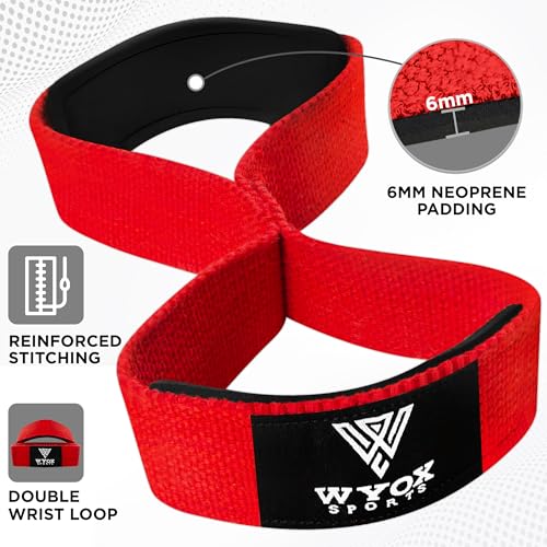 WYOX Figure 8 Lifting Wrist Straps for Weightlifting – Heavy Duty Padded Neoprene Wrist Support, Powerlifting & Strength Training Lift Straps for Deadlifts, Pull Ups, Rows, Shrugs, Gym Training Hand Grip Support for Bodybuilding - color: Red, size: Standa