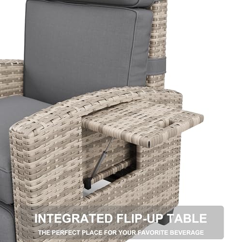 GarveeLife Outdoor Recliner Chair, PE Wicker Lounge Chair with Adjustable 145° Lay-Flat Backrest, Independent Footrest & Side Table, Plush Cushion for Patio, Poolside, Backyard in Brown - color: Brown Rattan + Khaki Cushion