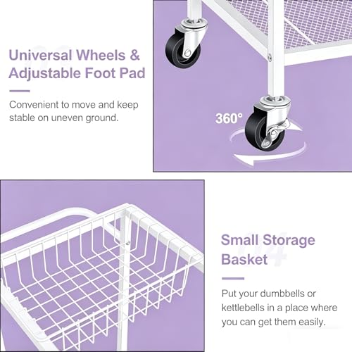 Workout Equipment Storage Rack Metal Yoga Mat Storage Rack, Weight Cart Home Gym Storage Rack with Wheels for Dumbbells, Yoga Mats, Kettlebells, Foam Rollers - color: White