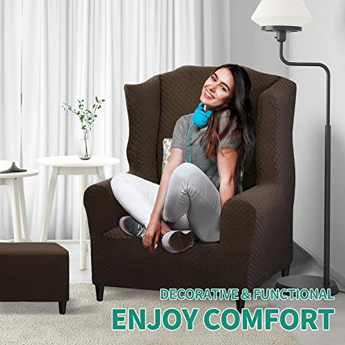YEMYHOM 1 Piece Stretch Wingback Chair Slipcover Latest Jacquard Design Wing Chair Cover Non Slip Furniture Protector with Foam Rods for Living Room (Wing Chair, Dark Coffee) - color: Dark Coffee, size: 1 Pack - Wing Chair