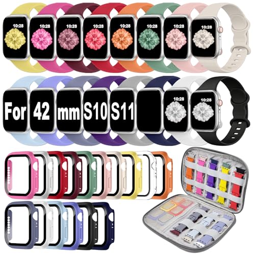 16 Pack Band Compatible with Apple Watch Bands 40mm 41mm 42mm 44mm 45mm 46mm for Women Men, Screen Protector Case Band&Organizer for iWatch Series 11 10 9 8 7 6 5 4 SE（Please select the correct size） - size: Series 11 10 42mm