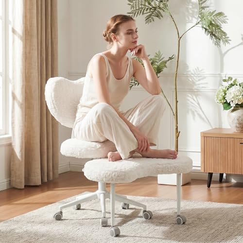 Cross Legged Office Chair with Wheels, 360 Swivel Height-Adjustable Meditation Chair with Lumbar Support, Beige - color: Beige, size: Heart Back