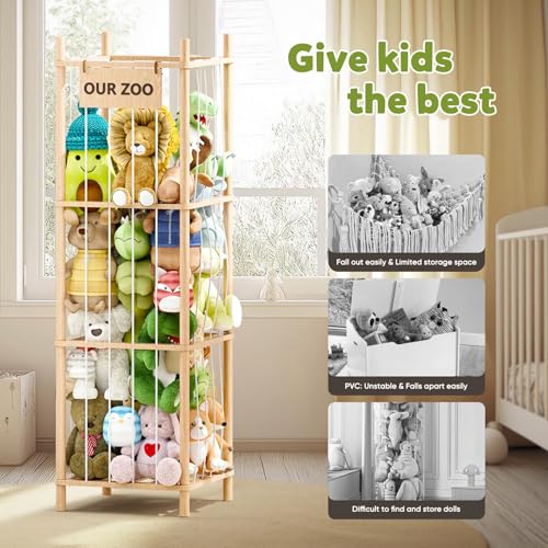 Dayacoco Stuffed Animal Storage, Wood Stuffed Animals Organizer Holder Zoo, Extra Large Capacity Stuff Storage with Elastic Band and Net for Nursery Kids Play Room Bedroom (Pine wood) - size: 3 Tiers Without Wheels