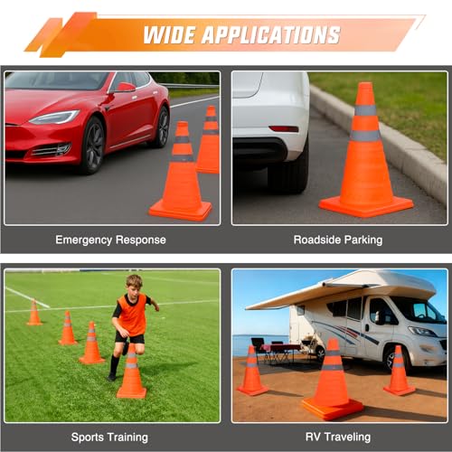 Nilight 18 Inch Collapsible Traffic Safety Cones 4 Pack - Bright Orange Parking Cones with Reflective Collars for Roadside Emergency, Parking, Driving Practice - size: 18 Inch