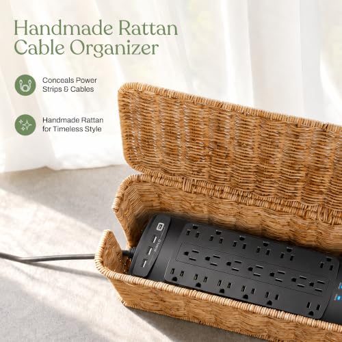 Cable Management Box Set of 2 Sizes, Handmade Rattan Cable Organizer with 2 Open Slots, Cord Hider for Power Strip, Router & USB Hub, Registered U.S. Design Patent (D1,112,102), Natural - color: Natural, style: Standard + Large Set