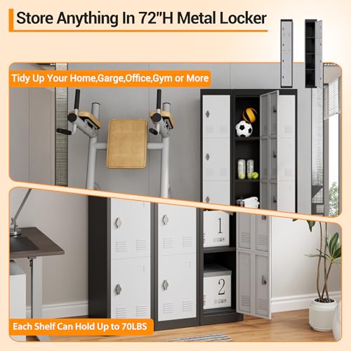 72" Tall 4 Door Metal Locker with Key, Heavy Duty Steel Storage Cabinet with Shelves, Lockable Employee Locker for School, Office, Gym, Home, Garage, Grey & Black - size: 4 Door