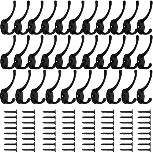 IBosins 32 Pack Black Coat Hooks Wall Mounted with 64 Screws Retro Double Hooks Utility Black Hooks for Coat, Scarf, Bag, Towel, Key, Cap, Cup, Hat - color: 32 Pcs Black