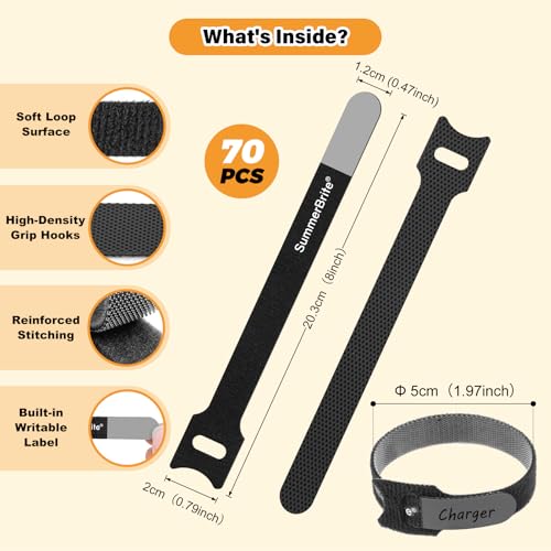 SummerBrite 70 Pack Black Cable Ties 8 Inch with Writable Labels, Reusable Cord Organizer Straps, Hook & Loop Wire Management for Extension Cords, Garage Tools, Power Strips & Heavy Duty - color: Black, size: 8IN