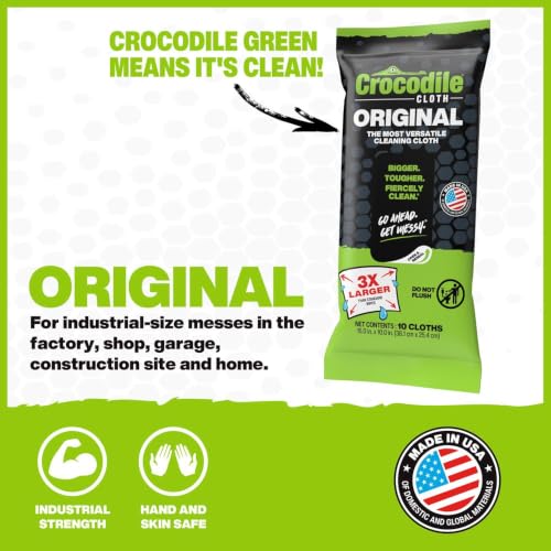 Crocodile Cloth Original Cleaning Wipes, Heavy-Duty Multi-Surface Hand & Tool Wipes, Water-Based, Safe on Skin, 10 Count, 15 x 10 Inch - size: 10 Count (Pack of 1)