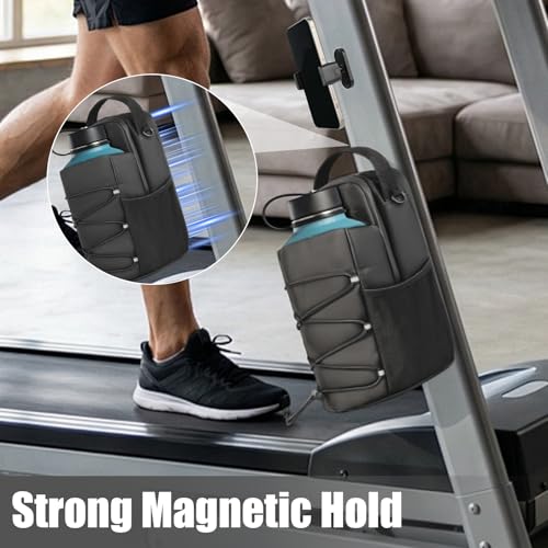 Magnetic Gym Bag with Phone Holder, Water Bottle Carrier, 4 N52 Magnets | Phone holder is stored inside the interior pocket; front elastic cords secure a damp towel and pockets organize essentials.
