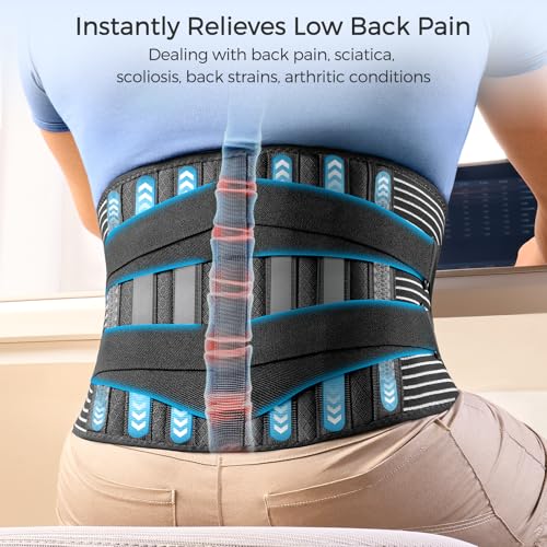 FREETOO Back Braces for Lower Back Pain Relief with 6 Stays, Breathable Back Support Belt for Men/Women for work, Anti-skid lumbar support belt with 16-hole Mesh for sciatica(Waist Size:45.3''-55'') - size: XL(45.3"-55.1")
