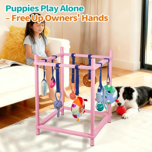 Wooden Puppy Play Gym for Small Dogs, Puppy Jungle Gym with 8 Hanging Toys, Wood Frame Indoor Puppy Gym with Dog Enrichment Toys for Puppies and Small Pets (Pink) - color: Pink
