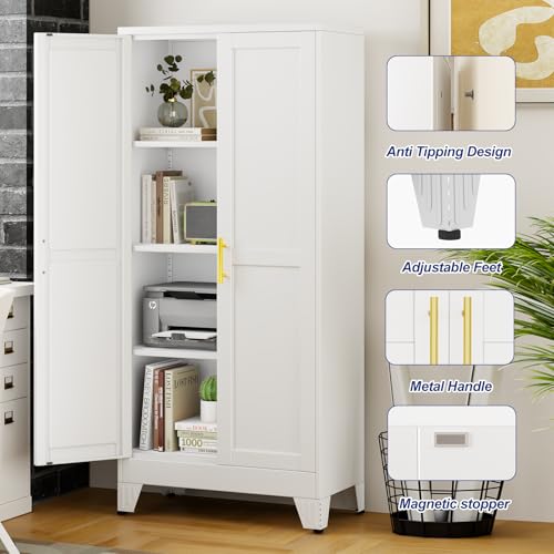 Metal Storage Cabinet with 2 Doors and 3 Adjustable Shelves - 61" Steel File Cabinet,Tool Cabinets for Office,Home,Garage,Gym,School,Bathroom,Kitchen(White) - color: White, size: 61H