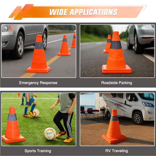 Nilight 12 Inch Collapsible Traffic Safety Cones 4 Pack - Bright Orange Parking Cones with Reflective Collars for Roadside Emergency, Parking, Driving Practice - size: 12 Inch