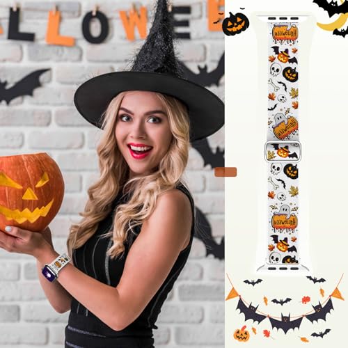 LETOID Stretchy Bands for Apple Watch Band Women Men Adjustable Solo Loop | Skin-Friendly Elastic Nylon Replacement Strap, iWatch Series 11 10 9 8 7 6 5 4 3 2 1 SE Ultra 49 46 45 44 42 41 40 38mm - color: Halloween: Pumpkins, Skeletons, Bats, size: 44mm/4