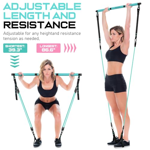 Pilates Bar Kit with 6 Latex Resistance Bands, Adjustable Exercise Bar - color: Blue
