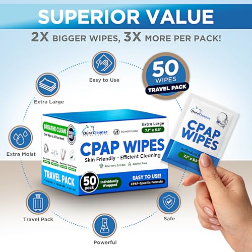 Dura Cleanse Extra Large, Extra Moist Cleaning Wipes for Full Face, Nasal Masks - 50 CPAP Travel Wipes - Unscented Cleaner for Sleep Machine, Supplies and Accessories - size: 50 Count (Travel Pack)