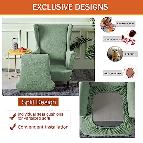 NILUOH Wingback Chair Slipcover 2-Piece Stretch Wingback Chair Sofa Slipcover Leaf Jacquard Chair Cover Furniture Protector Couch Soft with Elastic Bottom for Living Room, Leaf Green - color: Leaf Green