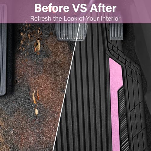 CAR PASS Heavy Duty Rubber Car Mats Metallic, Aluminum Film Cute All Weather Floor Mats Waterproof Universal Trim to Fit for SUV Sedan Van 4 Piece Deep Dish Two-Tone Sporty Black Light Pink Chrome - color: Black Light Pink