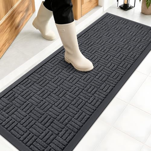OLANLY Front Door Mat Outside Entrance 47x17, Absorbent, Heavy Duty Sturdy Natural Rubber Doormat Indoor Outdoor, Non-Slip, Stain and Fade Resistant, Low Profile Floor Mat for Entryway, Black Gray - color: Black Gray, size: 47" X 17"
