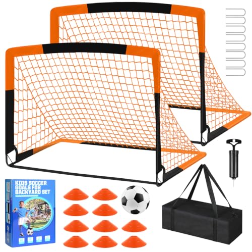 Soccer Goal, Kids Soccer Goals for Backyard Set- 2 Pack of Portable Pop Up Soccer Nets with Ball,Cones,Soccer Training Equipment for Toddler,Youth Outdoor Backyard Game - color: Orange Black, size: 6x4 FT
