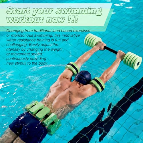 Soulchen Pool Exercise Set Including Long Aquatic Exercise Dumbbells,Pool Ankle Weights,Swim Belt,Water Aerobics Water Aerobics Equipment Set for Full Body Swim Training Kit - color: Green, size: Middle