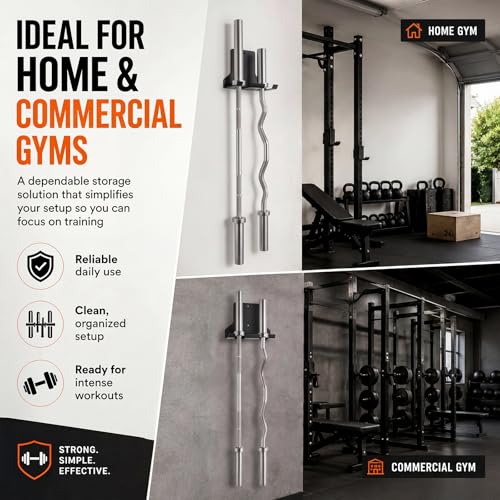 Hicarer Wall Mounted Alloy Steel Barbell Hanger Max Load up to 150 Lbs Heavy Duty Garage Gym Bar Vertical Wall Rack 2 Bar Holder for Commercial Gym or Home Space Saving, Black